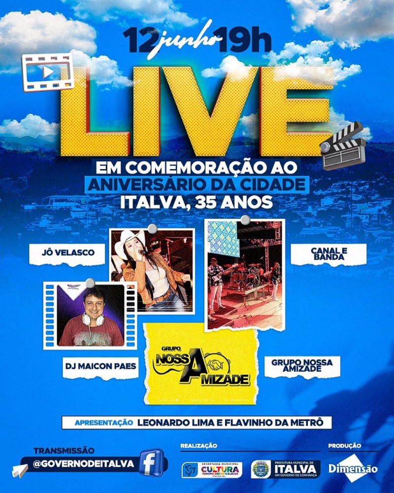 A prefeitura de Italva realizará neste sábado dia 12 de Junho, o dia do aniversário de nossa querida cidade, uma live pra lá de especial.