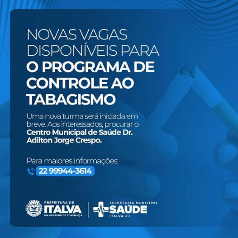 Estão abertas novas vagas para o programa de controle ao tabagismo. Os interessados devem procurar o Centro Municipal de Saúde Dr. Adilton Jorge Crespo.